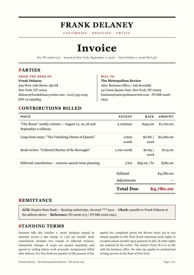 New York editorial freelance writer invoice